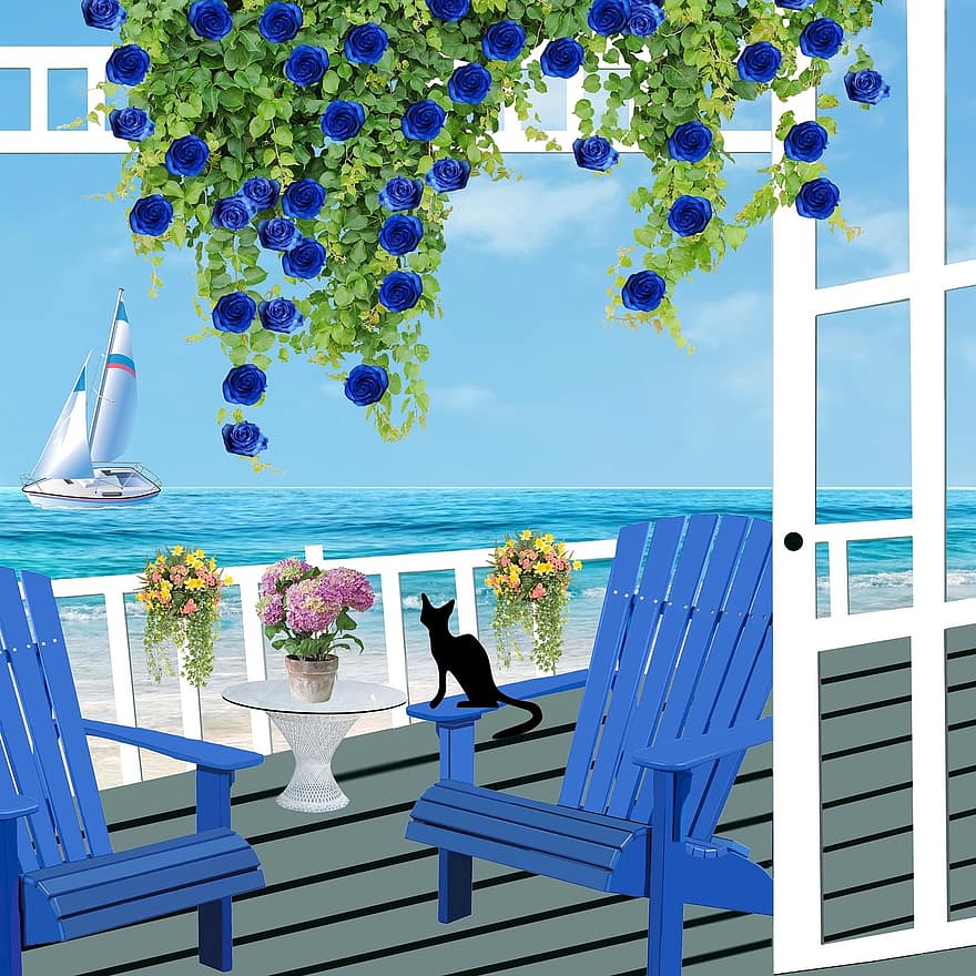 pátio, varanda, cadeiras, móveis de vime, à beira-mar, caixas de flores, gato preto, barco a vela, verão, poltronas, porta de vidro