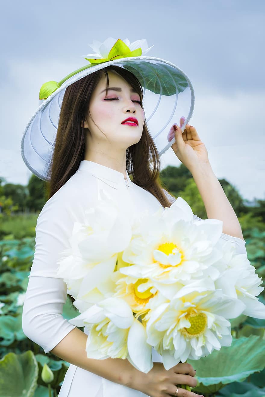dívka, bílý lotos, vietnam, asijský, bílý, lotus, květ, letní, Příroda, nebe, krajina