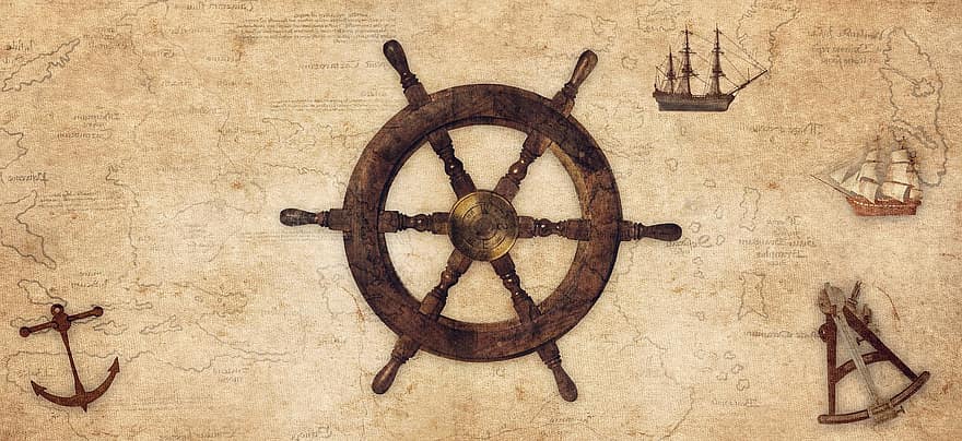 årgång, roder, sextant, segelbåtar, Karta, ankare, nautisk, antik, navigering, kompasspunkt, titelbild