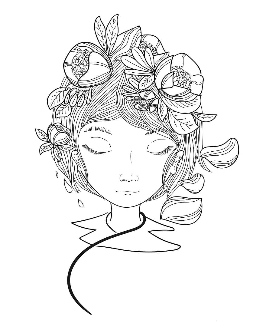 kvinna, blommor, huvudbonad, blommig, flicka, sätta dit, teckning, linjekonst, klotter, ritad för hand, bröllop
