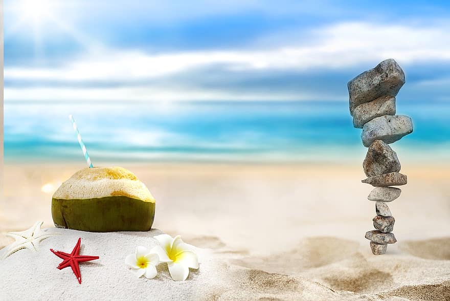 steiner, bergarter, balansere, kokosnøtt, balansert bergarter, balansert steiner, sand, shore, strandlinjen, meditasjon, zen
