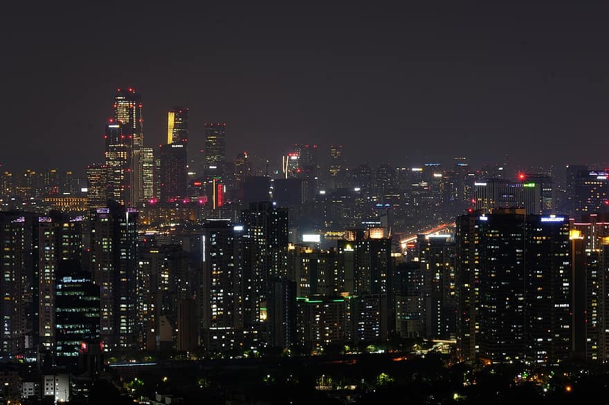 夜景、夕方に、川、空、風景、夜、漢江、ソウル、韓国、建物、建築
