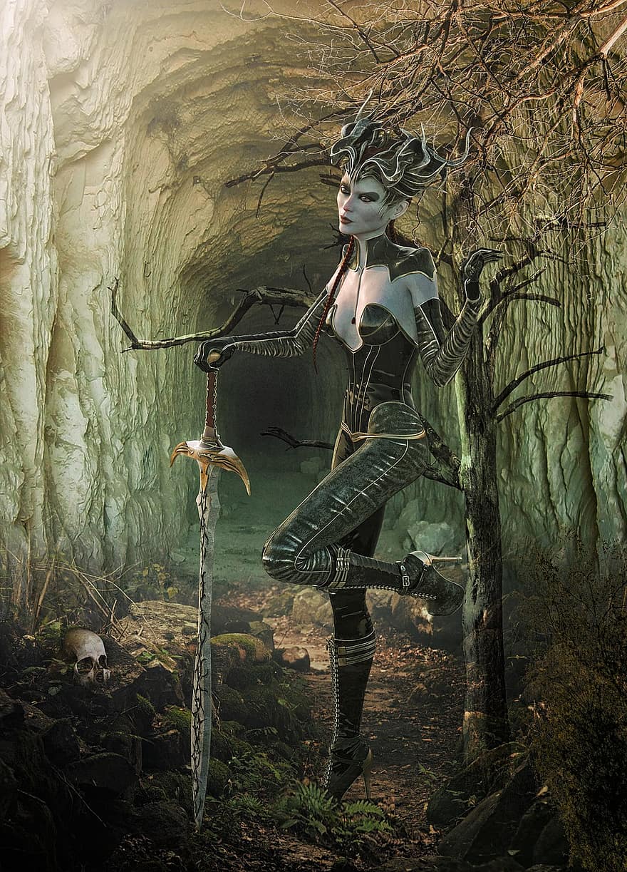 воин, меч, рога, ботинки, кожаные штаны, черная одежда, пещера, мертвое дерево, ветви, горные породы, трава