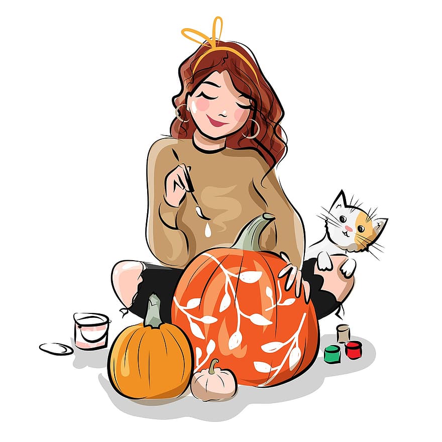 Woman, Autumn, Decor, Pumpkins, Fall, October, Artwork, pumpkin, halloween, illustration, cartoon