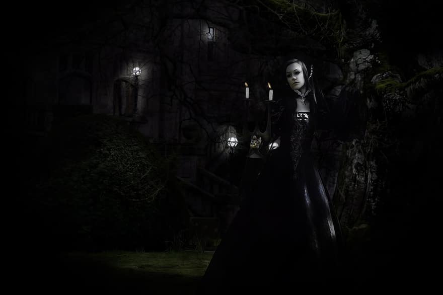 gothic žena, Viktoriánské sídlo, duch, měsíční svit, strašidelný, předvečer Všech svatých, temný, ženy, hrůza, noc, jedna osoba