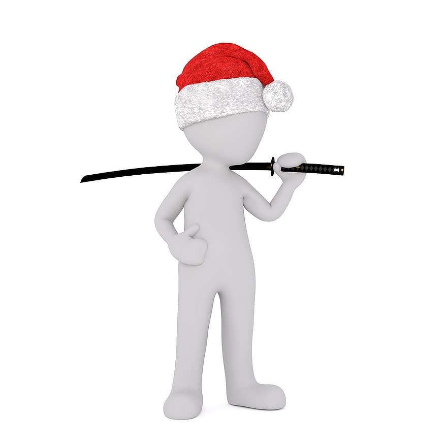 білий самець, 3D модель, ізольовані, 3d, модель, повне тіло, білий, капелюх Санта, Різдво, 3D Санта hat, меч