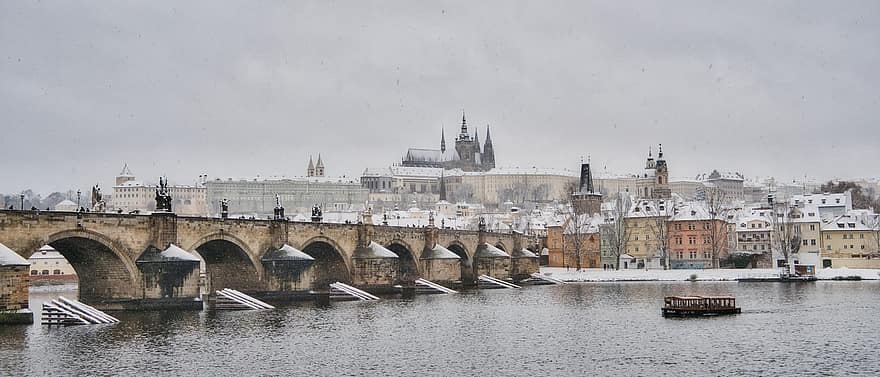 miestas, Prahoje, architektūra, tiltas, pastatas, bažnyčia, valtis
