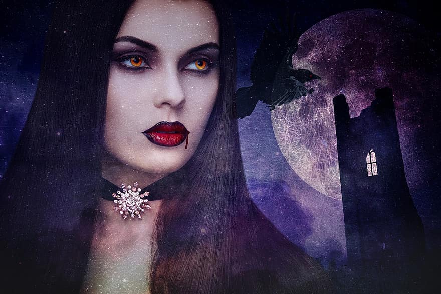 вампир, Хэллоуин, разрушенный замок, вороной, женщина, фильм ужасов, темнота, летящая птица, Луна, ночь, жутко