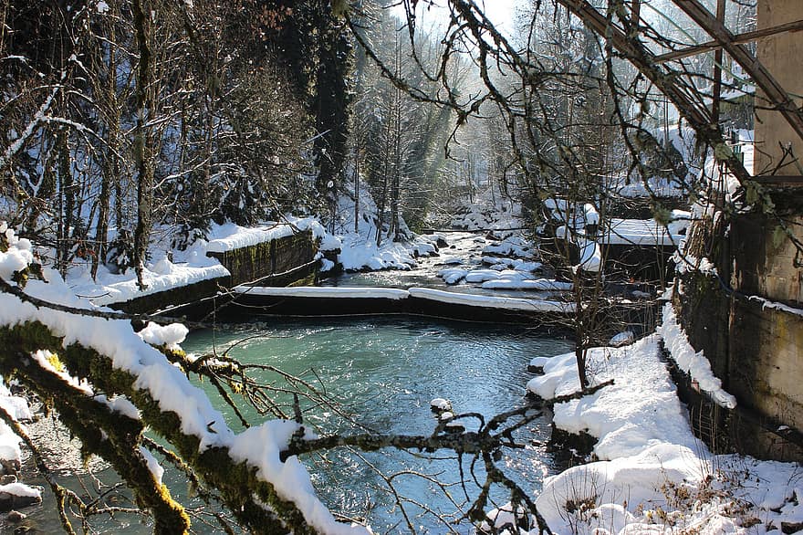річка, зима, сніг, потік, дерева, під мостом, холодний, мороз, води, природи, ліс