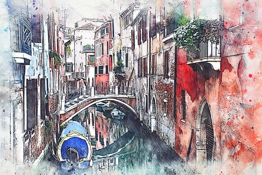 Velence, víz, laguna, Olaszország, épületek, építészet, gondola, idegenforgalom, város, tájékozódási pont, digitális festészet
