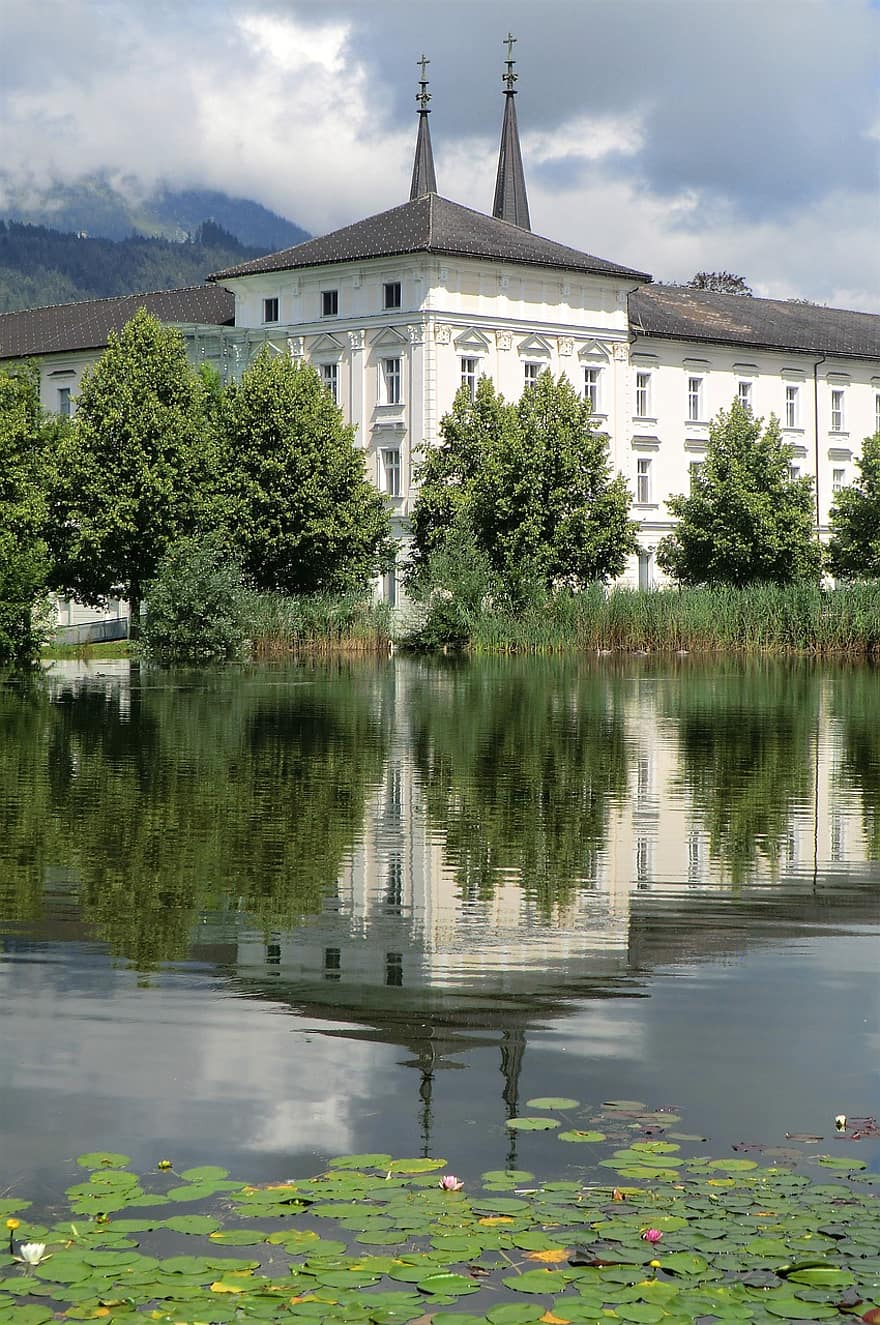 bâtiment, étang, monastère, Marqueur Admont, admont, Steiermark, architecture, l'histoire, vieux, eau, été