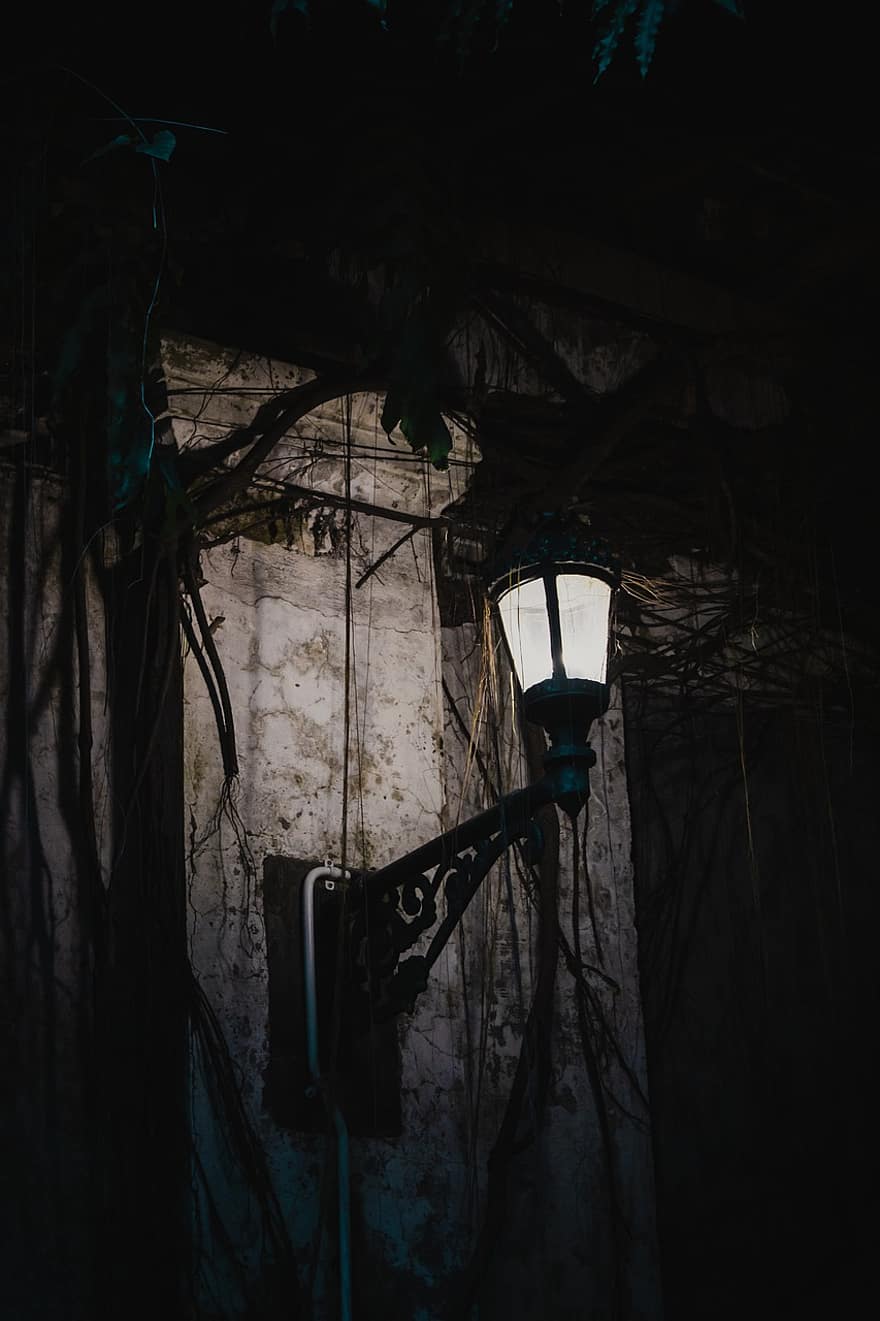 lampe, lumière, terrifiant, horreur, effrayant, vieux, nuit, foncé, lanterne, lampe électrique, architecture
