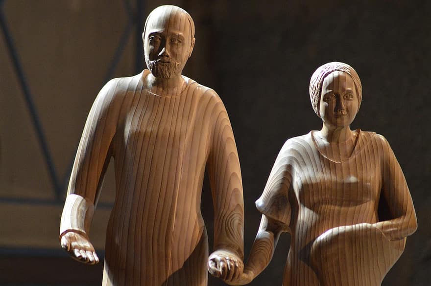 estátua, madeira, casal, família, pais, zélie, Louis, Martin, alençon, Igreja, escultura