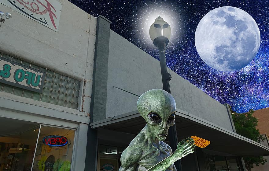 Luna, extraterrestre, et, visitante, humor, Roswell Nuevo México, ciencia ficción, galaxia, espacio, beber, calle principal