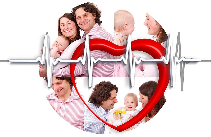 familj, hjärta, hälsa, puls, hjärtfrekvens, skydd, vård, undersökning, medicinsk, läkare, bebis