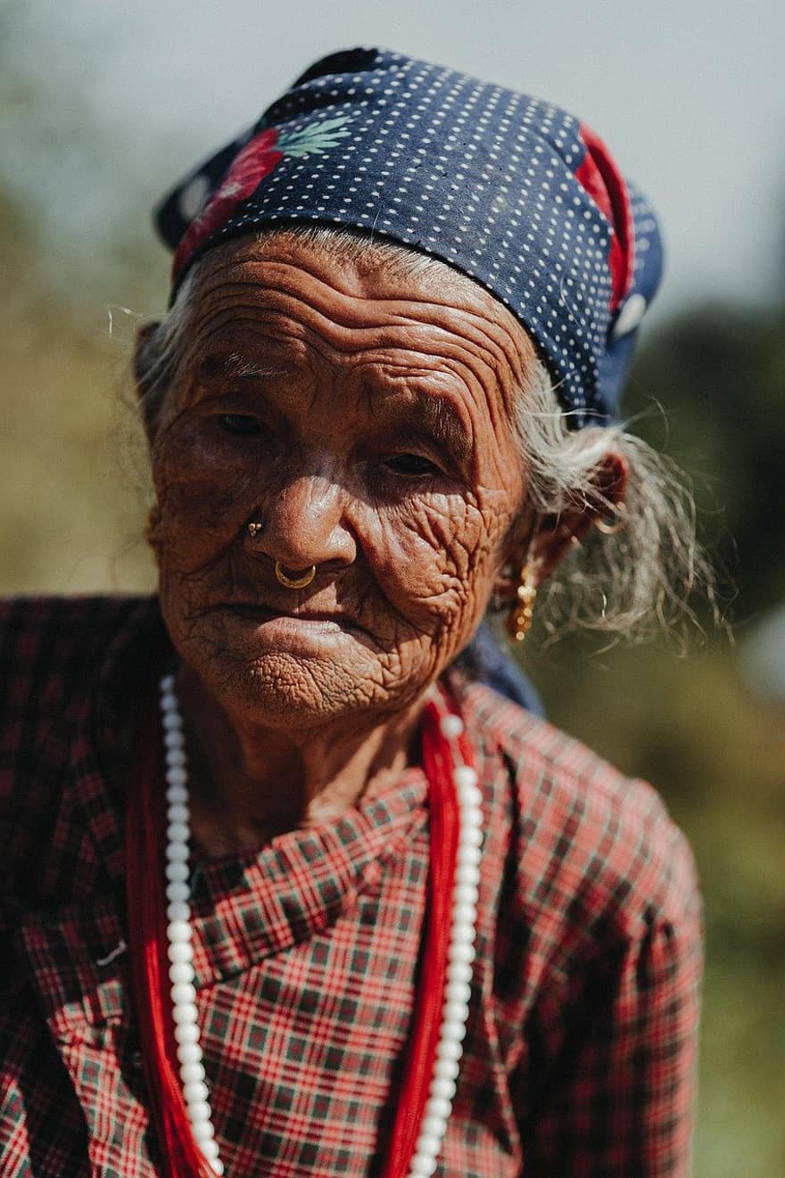 gammel dame, nepalesiske, portræt, kvinde, senior-, ældre, alderen, gammel, traditionelt slid