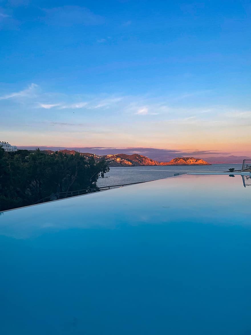 Schwimmbad, Urlaub, Infinity-Pool, Sonnenuntergang, schwimmen, Griechenland, Hotel, Kreta, Luxus, Meer, Seeblick