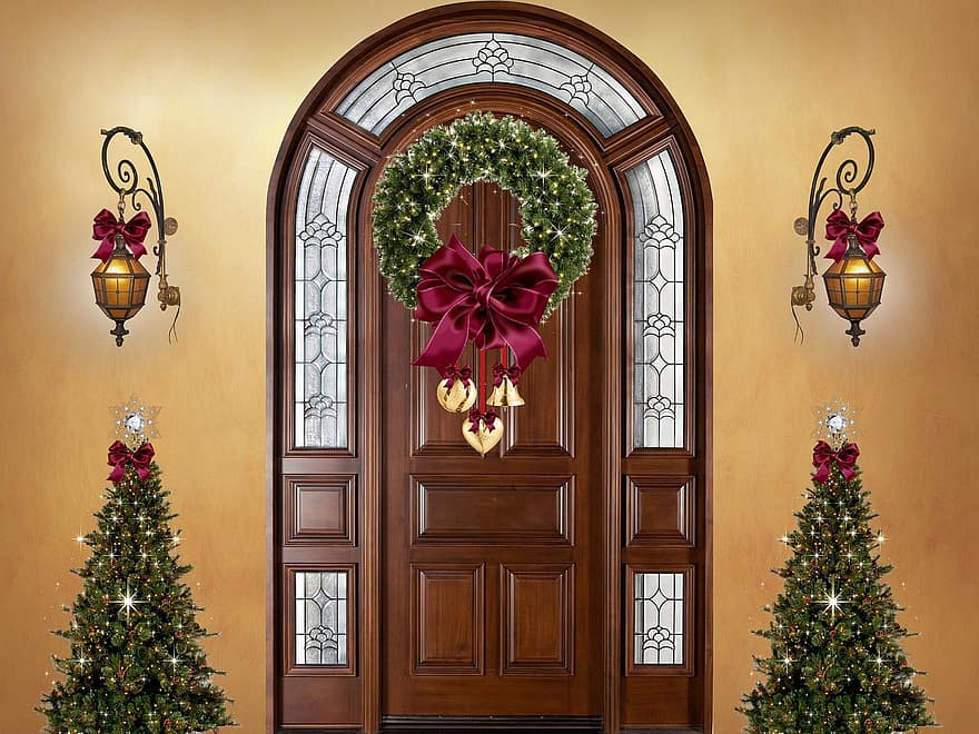 deur-, Kerstmis, decoraties, kerstbomen, lichten, lampen, krans, kerst versiering, kerst decor, decor, ornamenten