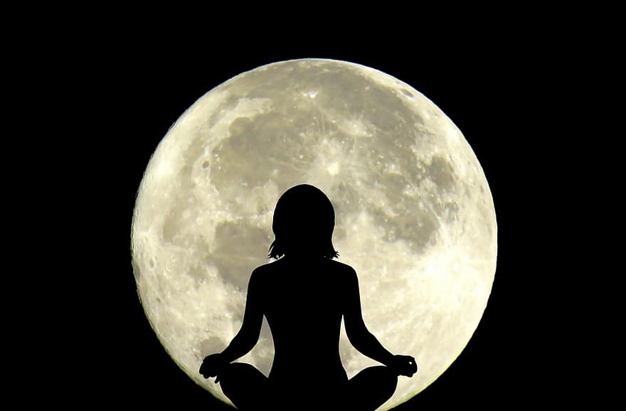 kobieta, księżyc, sylwetka, joga
