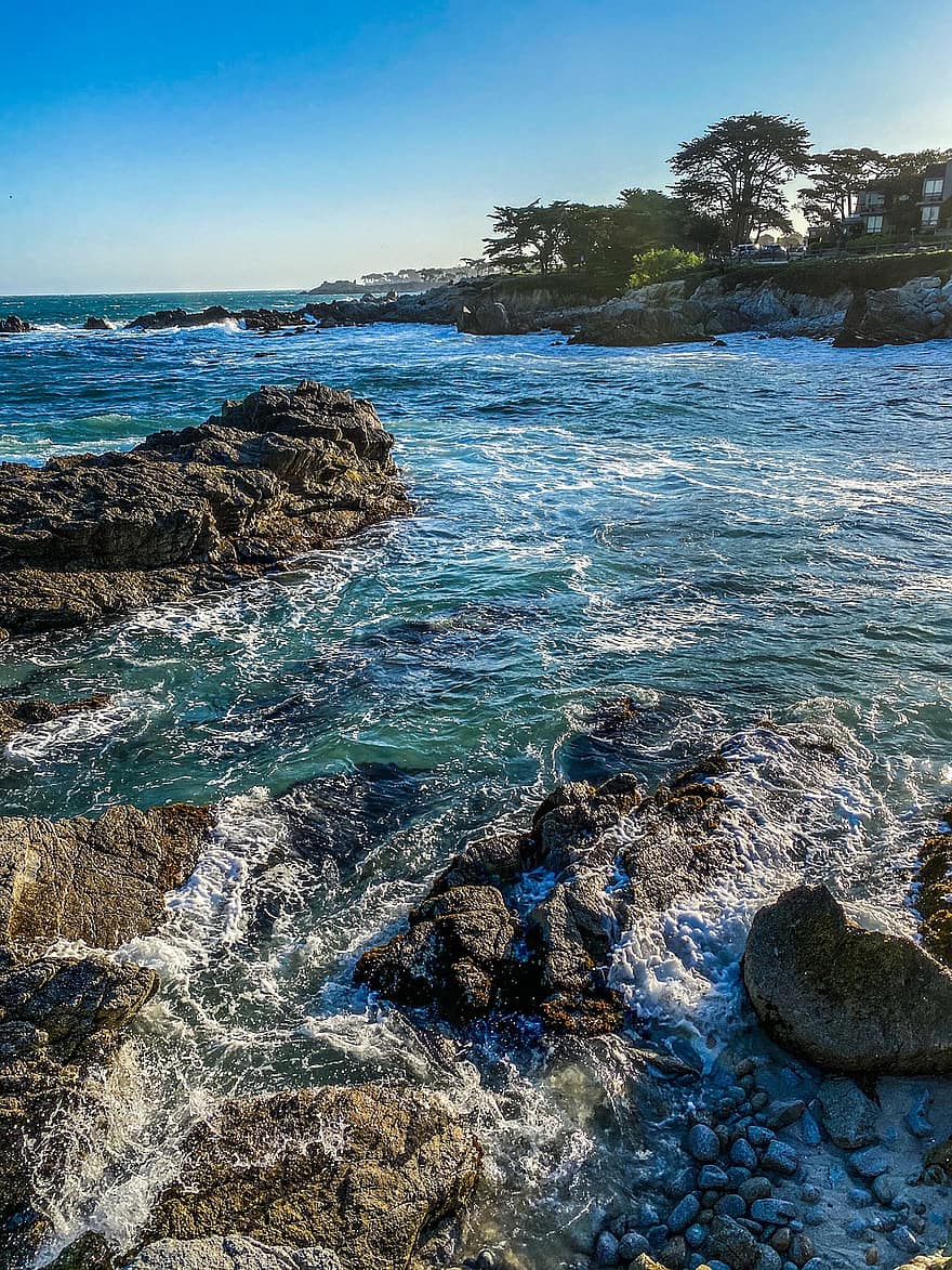 playa, Oceano, Monterey, corriente, olas, rocas