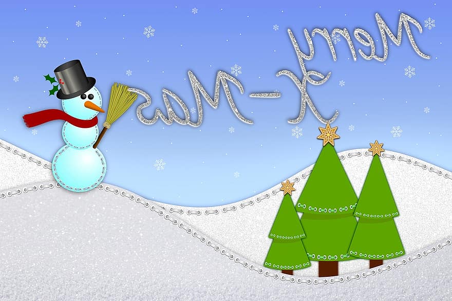winter, wenskaart, komst, Kerstmis, sneeuw, kerstboom, sneeuwman, sjaal, cilinder, bezem, wortel
