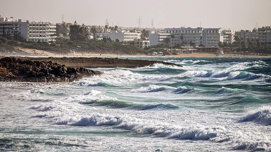 olas, costa, mar, tormenta, clima, viento, marina, otoño, Chipre