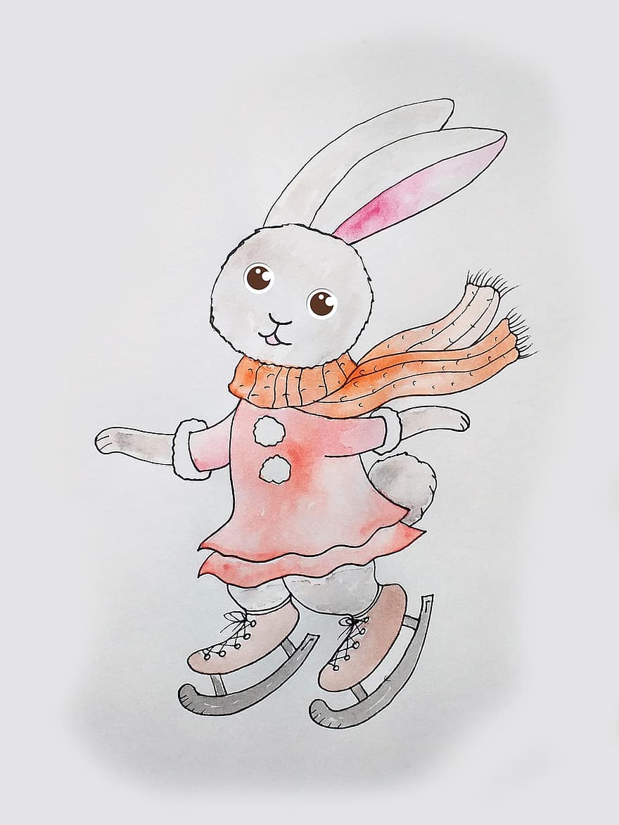 Con thỏ, giày trượt băng, các môn thể thao, mùa đông, trượt băng nghệ thuật, Hình minh họa cho bé, màu nước, bức vẽ, con thỏ, vui vẻ, trò chơi