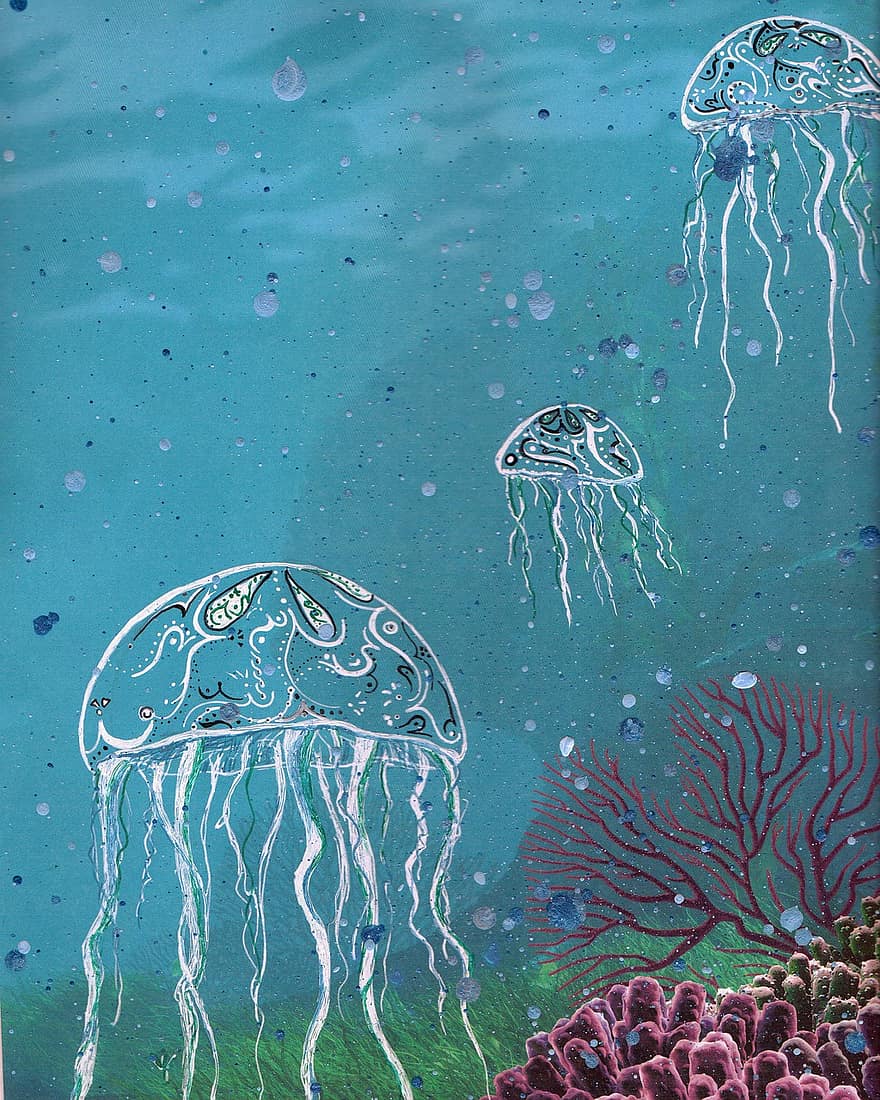geleia, oceano, geléia, medusa, picada, calmo, azul, embaixo da agua, pintura