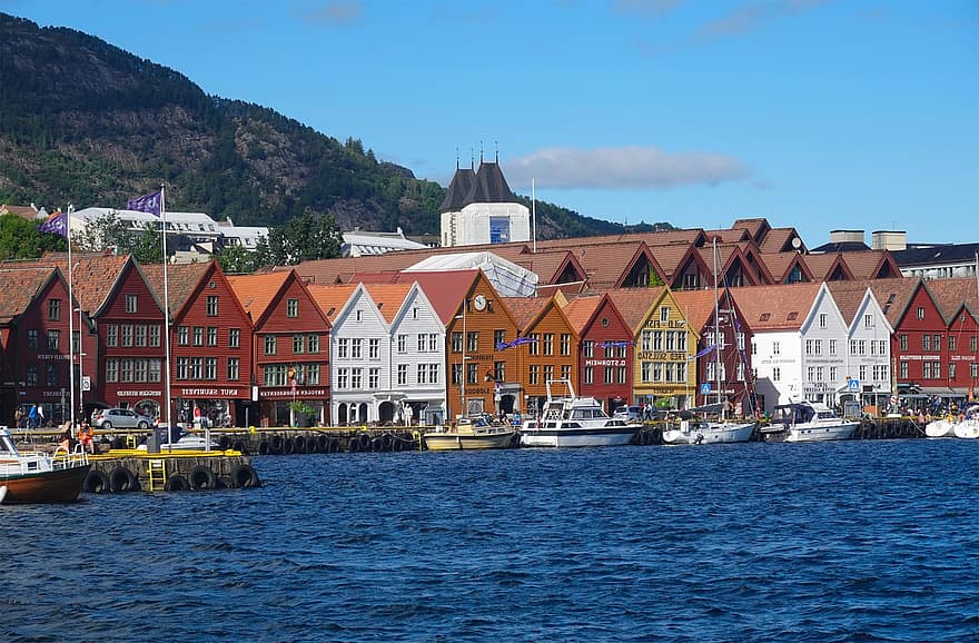 prédios, casas, rio, costa, barcos, porta, montanhas, Hanse Quarter, Hanseviertel, Bryggen