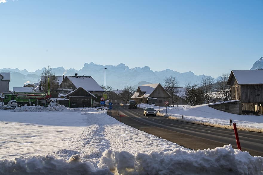 冬、タウン、スイス、雪、道路、通り、家、雪が多い、屋外、山、氷