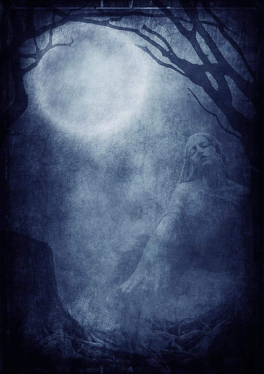 Sculpture, Moon, Trees, Background Image, Night, Gothic, Darkness, Mood, Emotion, Mourning, Moonlight