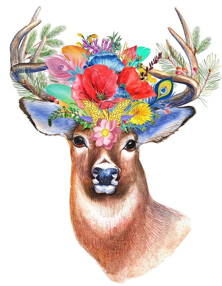 Stag, Wildflower, Floral, Boho, Flower, Deer, Woodland, Antlers, Horn, Fairytale, Animal