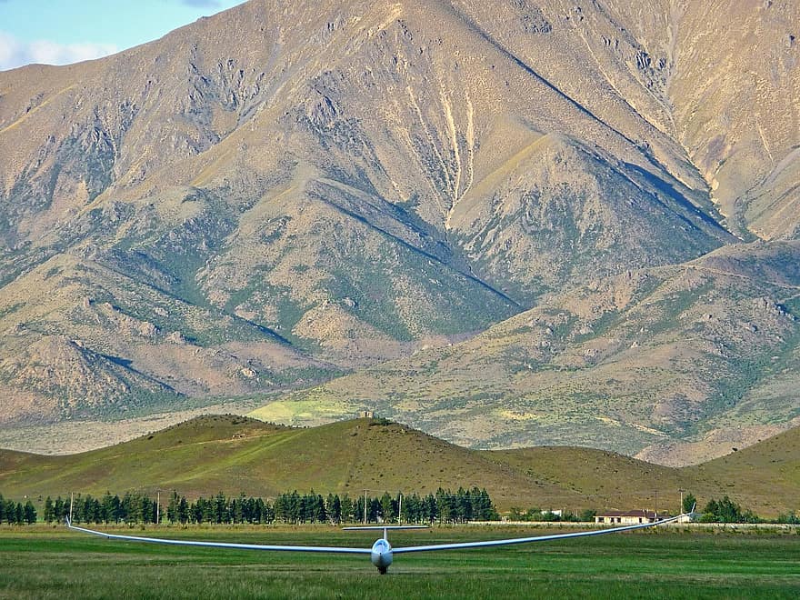 山岳、グライダー、飛行場、風景、航空機