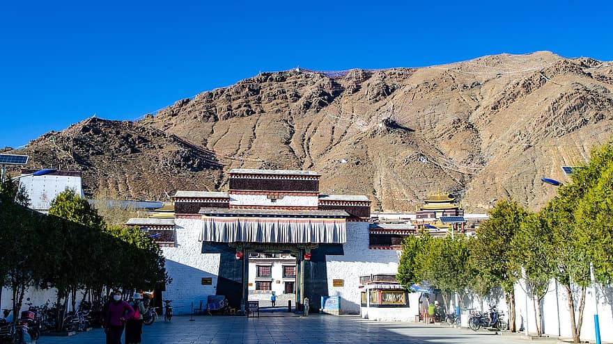 Tíbet, China, montañas, monasterio, minoría, arquitectura tibetana, casa, portón, lugar famoso, montaña, viaje