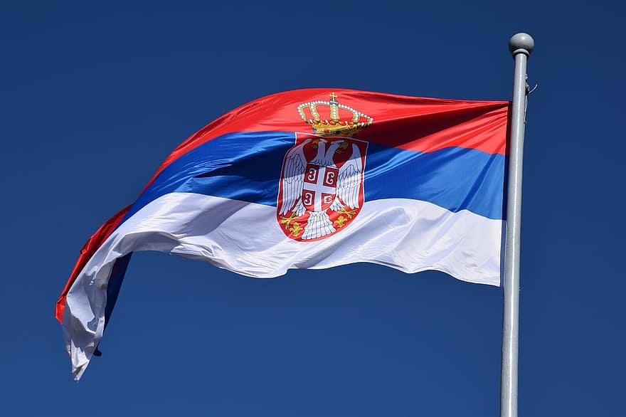 flaga, Serbia, maszt flagowy, transparent, symbol, patriotyzm, niebieski, wiatr, latający, zbliżenie, narodowy punkt orientacyjny