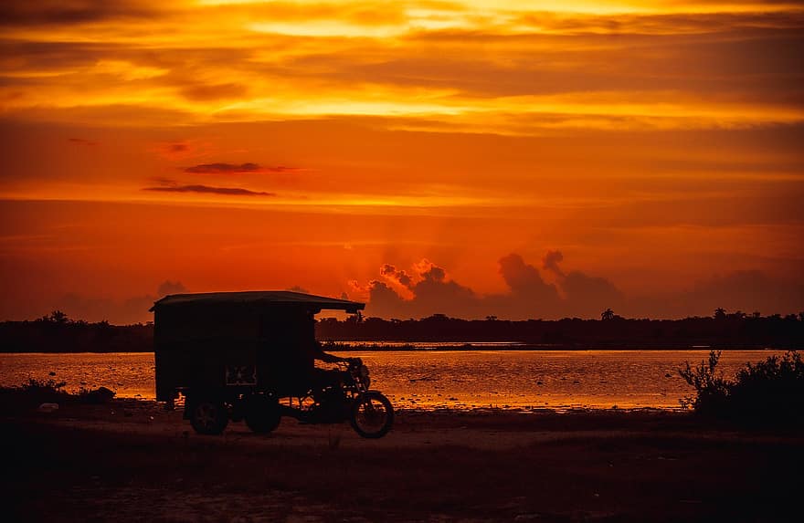 solnedgang, strand, trehjulet cykel, køretøj, kyst, skyer