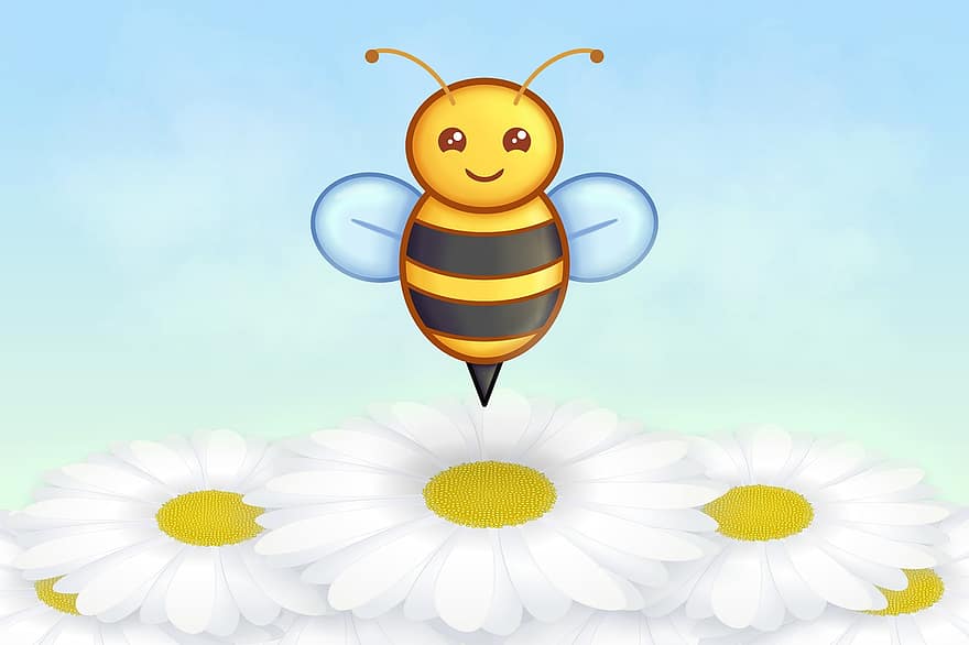 lebah, serangga, bunga-bunga, margarita, tersenyum, kawaii, hewan, penyerbukan, sayap, senang, madu