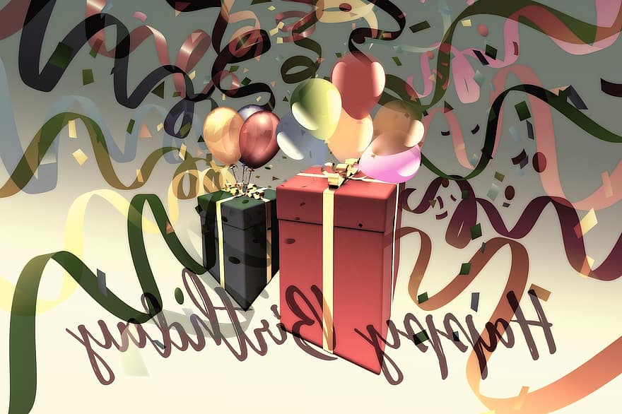 dárkové předměty, balóny, konfety, narozeniny, překvapení, balík, oslava