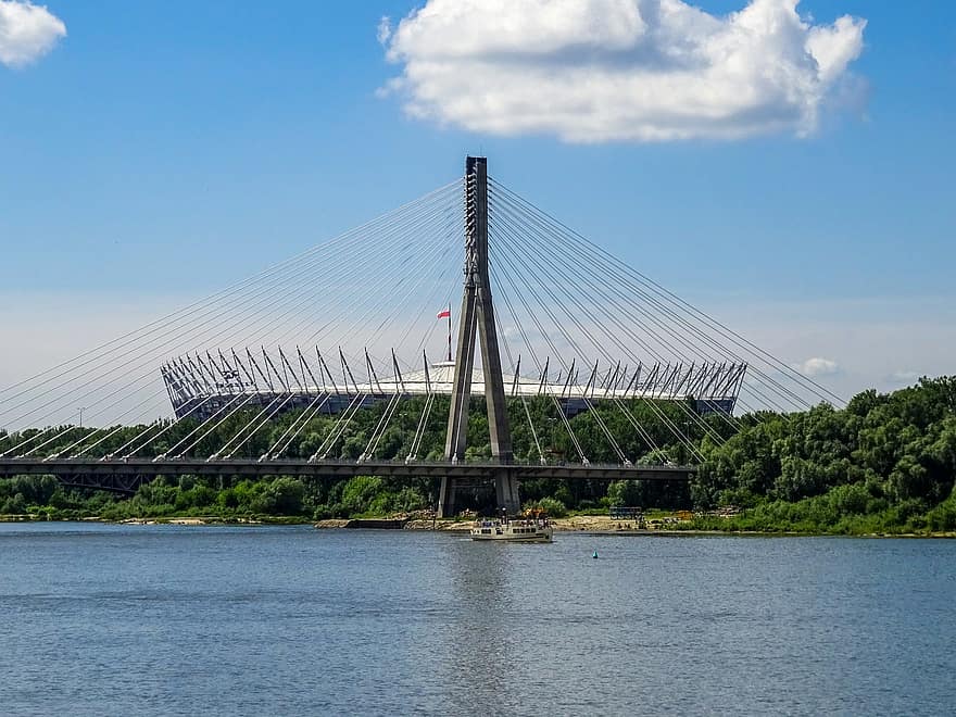 brug van Swietokrzyski, brug, rivier-, Warschau, Polen, Pge Narodowy, Nationaal stadion Kazimierz Górski, stadion, boot