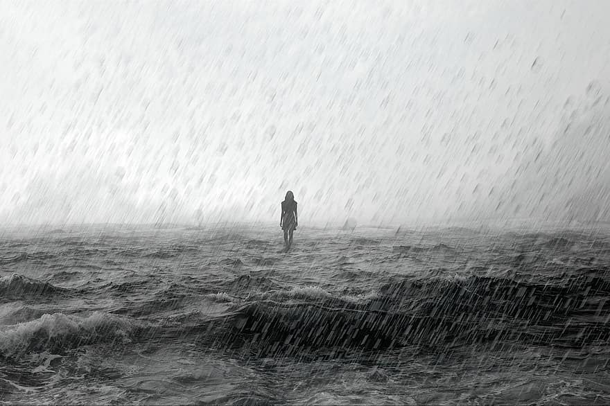 lietus, sieviete, jūra, okeāns, viļņi, siluets, vientulība