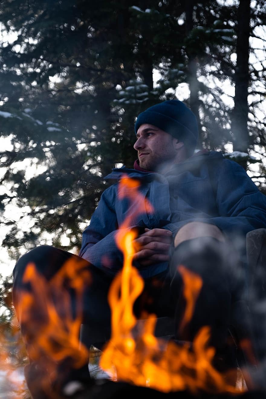 Campfire, Man, Camping, Fire, Smoke, Young, Guy, Leisure, Recreational Activity, Outdoors, Forest