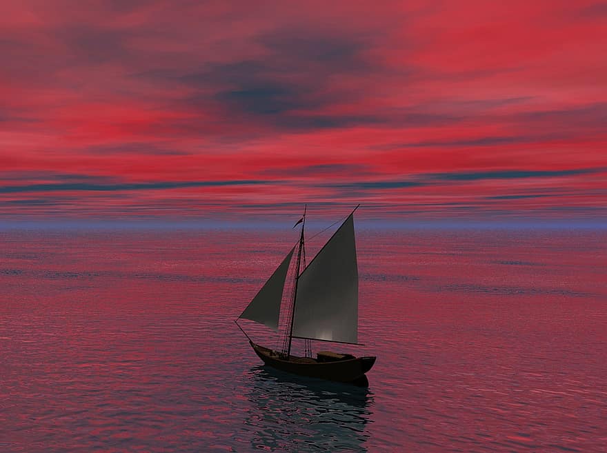 바다, 대양, 물, 배, 돛, 항해, 아름다운, 빨간, 저녁, 밤, 하늘