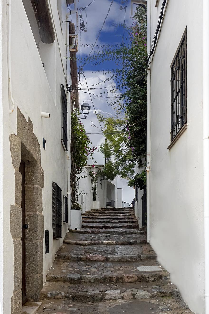 rue, escaliers, immeubles, côte, mer, rural, pêche, tourisme, Costa Brava