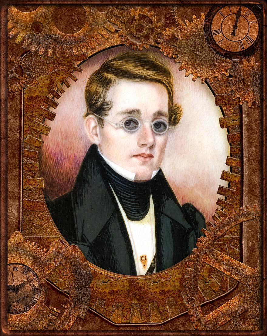 portret, tip, Omule, Steampunk, victoriană, masculin, pictură, epocă, Moses Russell, miniatură, cadru