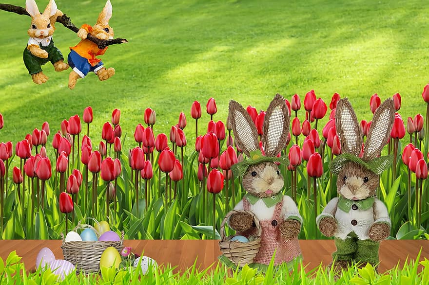 húsvéti, húsvéti nyuszi, tavaszi, tulipán, rét, húsvéti fészek, fű, tavasz, aranyos, többszínű, ünneplés