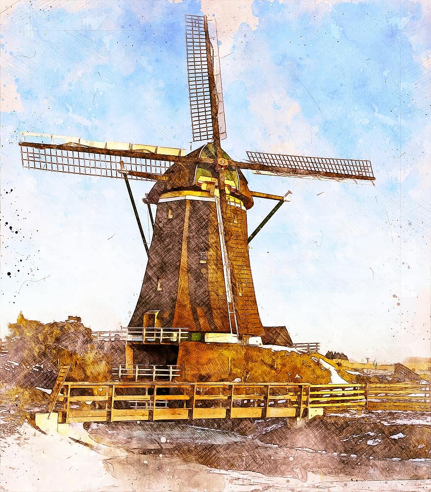 ветряная мельница, зима, снег, пейзаж, Голландия, Нидерланды, воды, рождество, энергия, среда, защита климата