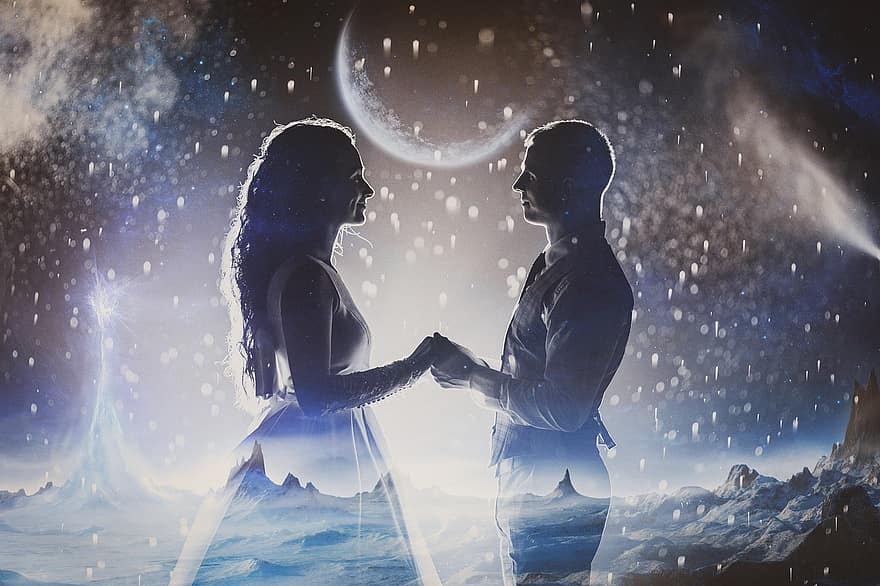 pasangan, romantis, galaksi, bintang, alam semesta, cinta, berpegangan tangan, bersama, percintaan, pria, wanita