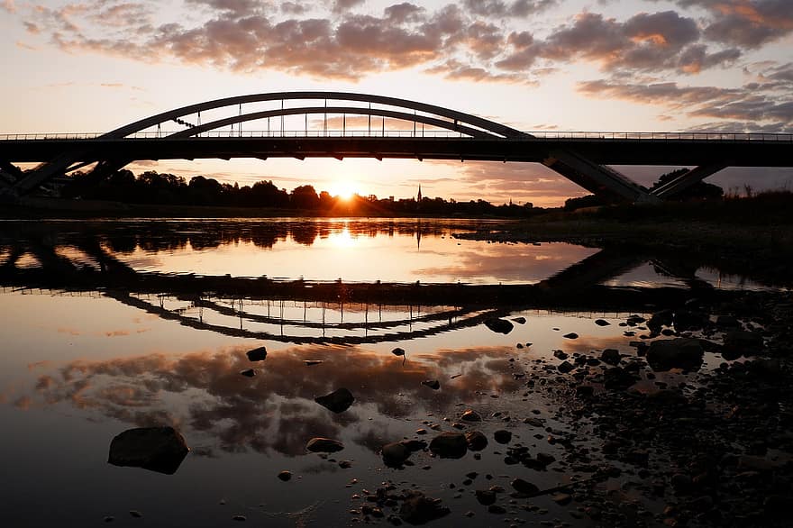 folyó, napnyugta, Elbe, híd, építészet, Drezda, Szászország