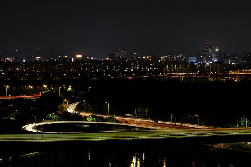 visão noturna, à noite, rio, céu, panorama, noite, rio han, Seul, Coréia, construção, arquitetura