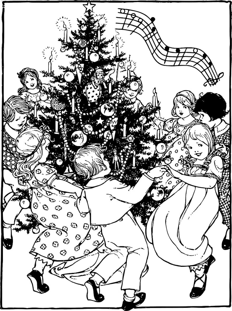 julmusik, dans, barn, julgran, ungar, människor, Jingle Bells Tune, Början av, Lycklig, firande, festlig
